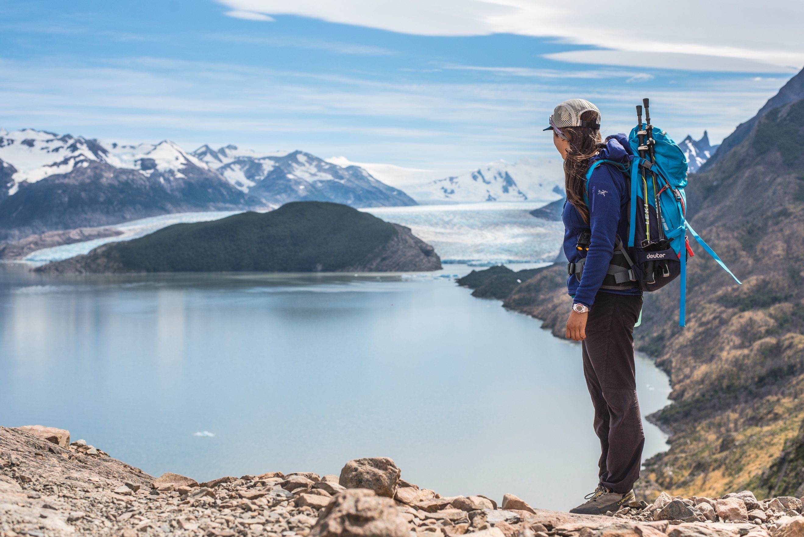 Overlooking a mountain lake in Patagonia. 